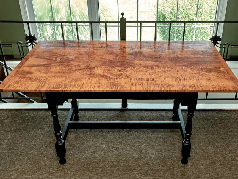 Tiger Maple Top Black Turned Legs 2 14" Leaves Dining Table