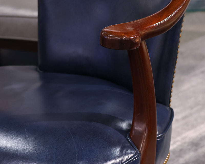 Pair of Cabot Wren Blue Leather Arm Office Chairs with Nailhead Trim