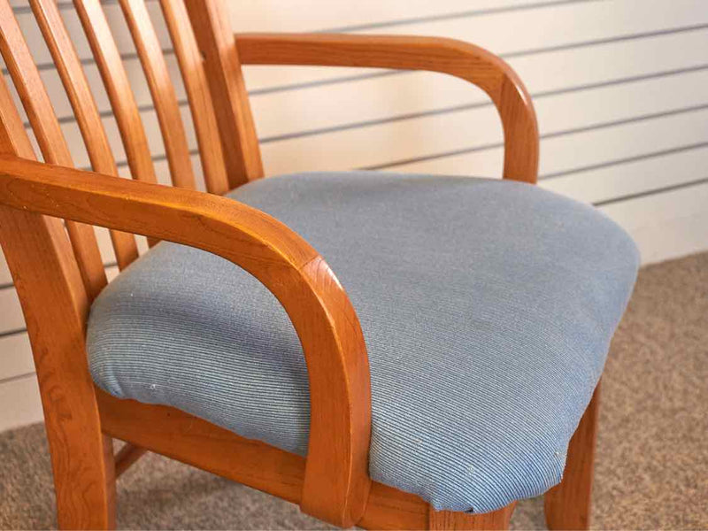 Set of Oak Dining Chairs with Sky Blue Upholstered Seat Cushions