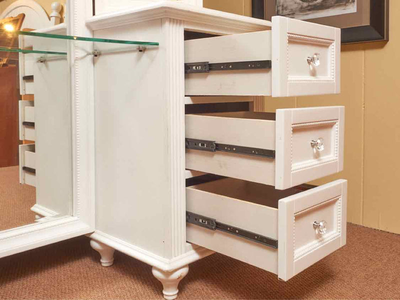 White Finish Trifold Mirror 6 Drawers Vanity