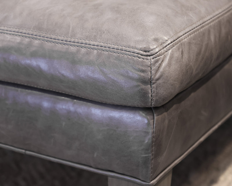 Lee Industries Square Tufted Ottoman in Grey Leather. Washed Grey Stain  Legs.