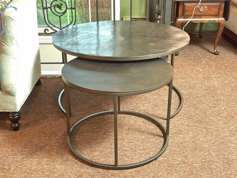 Pair Of Crate & Barrel 'Duke' Round  Bronze  Nesting Cocktail Tables