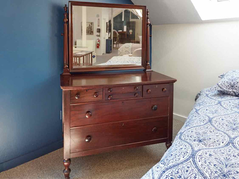 Espresso Finish Mahogany Dresser On Castors W/ Mirror