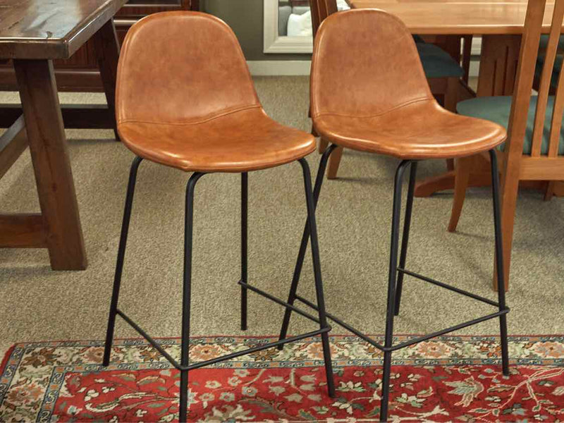 Pair of Bonded Saddle Color Leather Counter Stools with Metal Legs