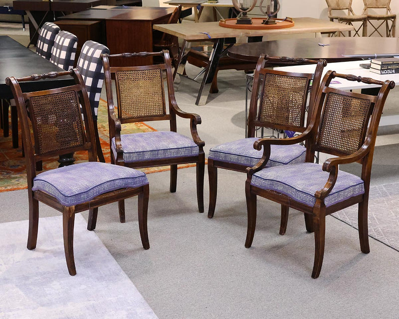 Set of 4 Walnut Finish Cain  Rolled Back Dining Chairs with Upholstered Seats