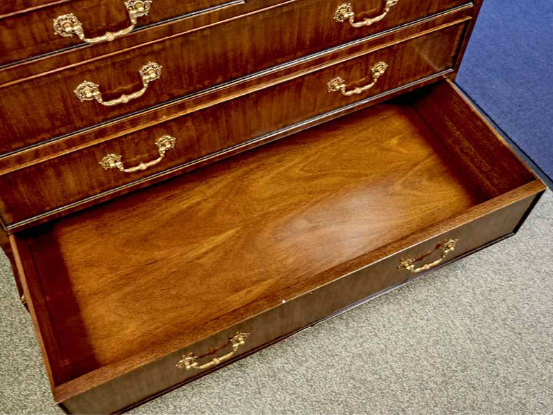 Inlaid Mahogany Carved Secretary Desk with Brass Pulls