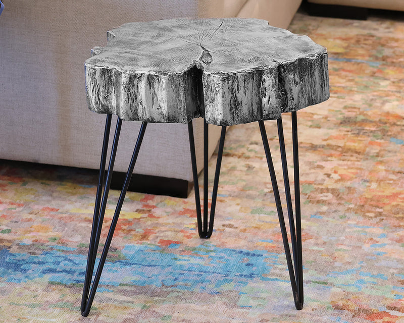 Faux Wood Slab Side Table in Dark Silver Finish on Hairpin Legs