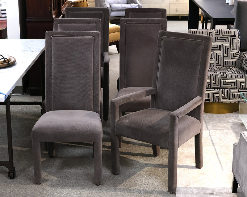 Set of 6 Upholstered Parson Dining Chairs in Taupe and Black Dotted Chenille