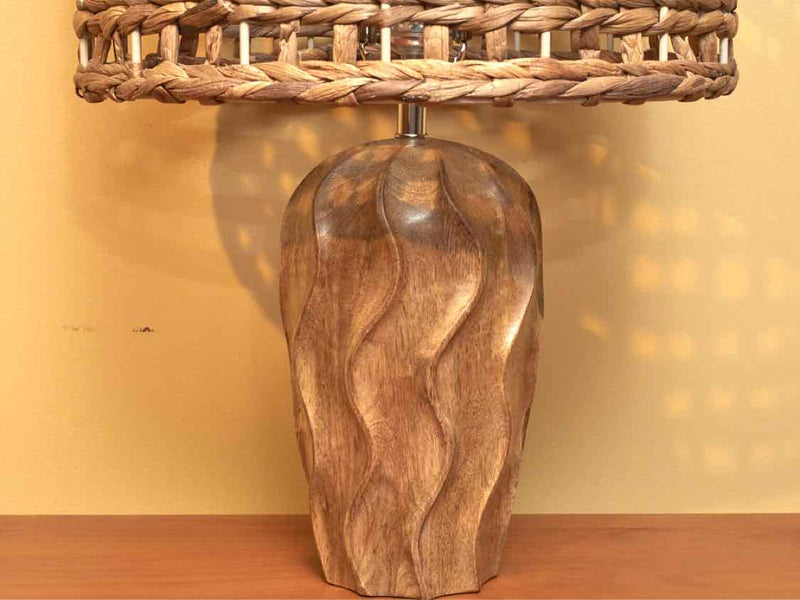 Carved Wooden Table Lamp With Water Hyacinth Shade