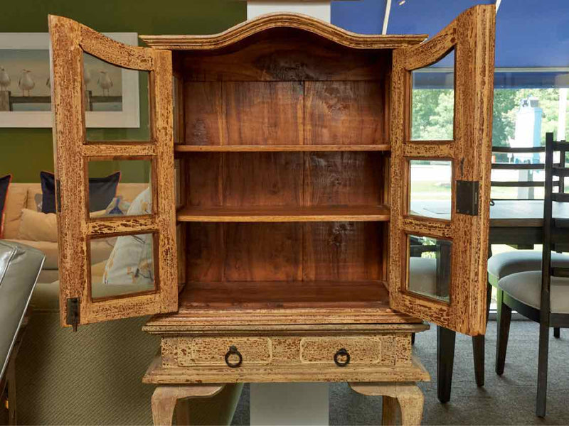 Antiqued Crackel Finish Display Cabinet  with Bonnet Top