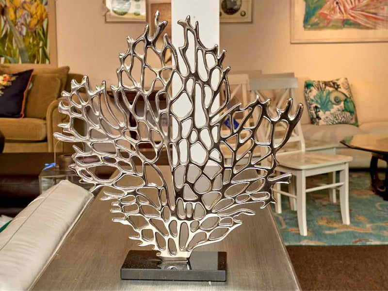 Silver Metal Coral On Black Quartz Base Decor