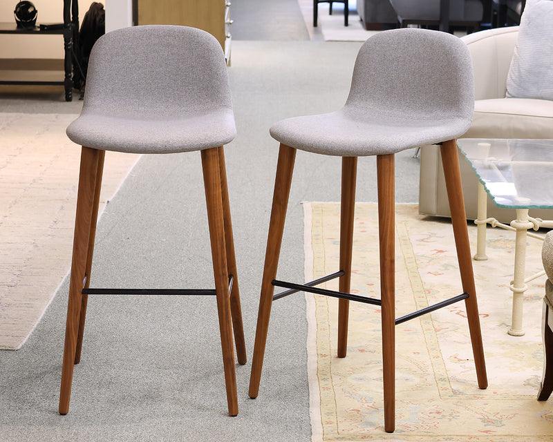 Pair of Design within Reach Bacco Bar Stools in Nickel Heather on Walnut Legs