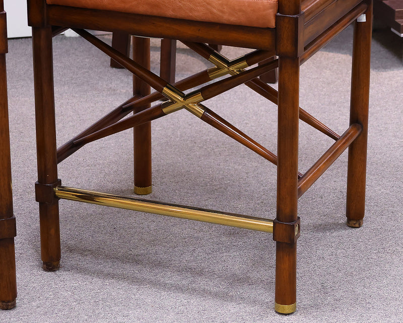 Pair of Frontgate Borneo Counter Stools in Brown Leather, Wood and Brass