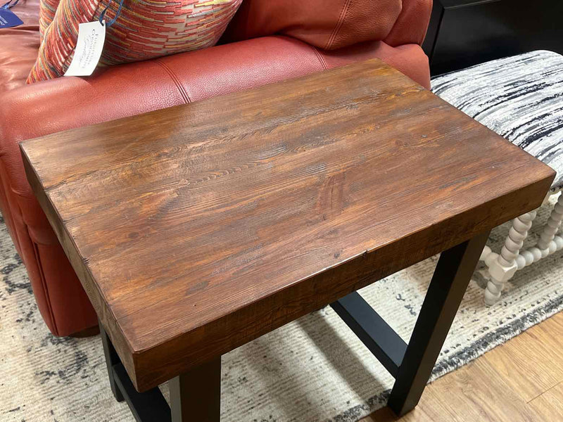 Wood Top Side Table on Black Metal Base