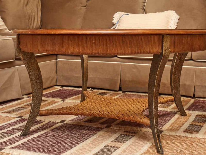 Round Glass Top Stained Ash Metal Legs &  Rattan Shelf Cocktail Table