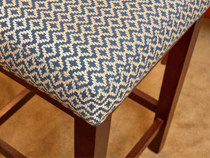 Pair Of Bermex Espresso Legs Blue & White Upholstered  Counter Stools