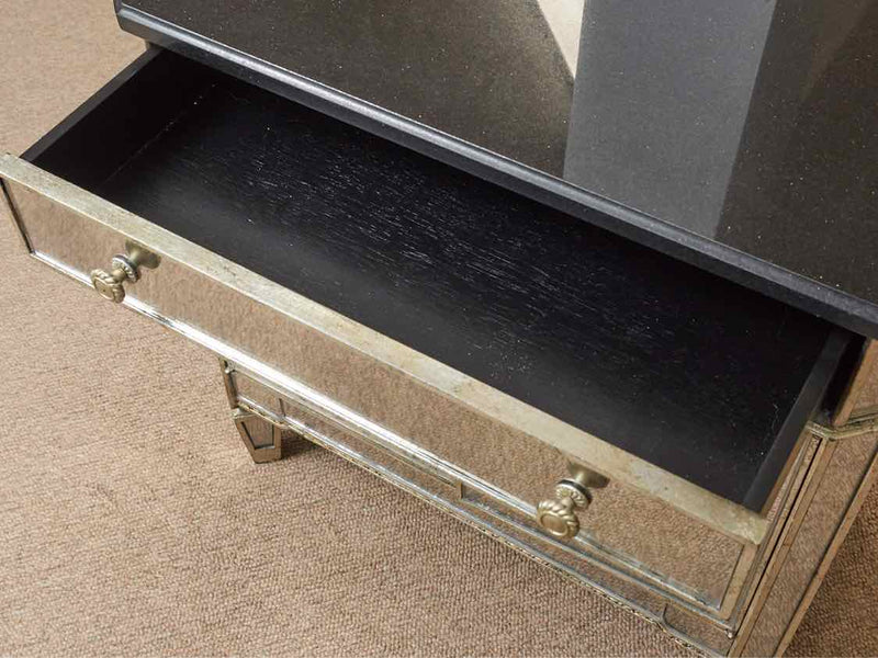 Mirrored Nightstand with Black Stone Top & 1 Drawer & 2 Doors