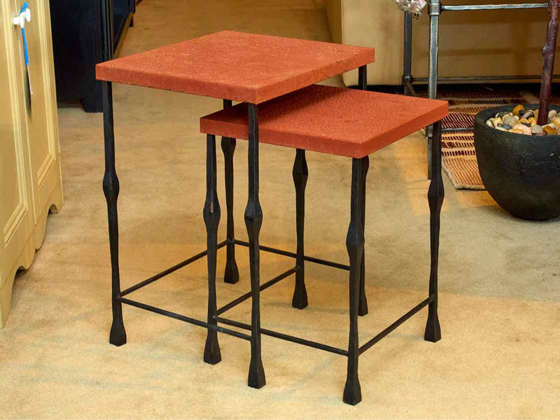 Pair Of Metal & Tin Embossed Top Nesting Accent Tables