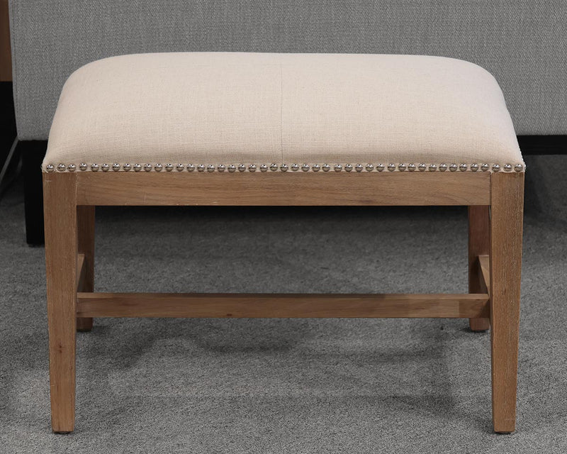 Small Linen Upholstered Bench on Drifted Wood Frame with Silver Nailheads