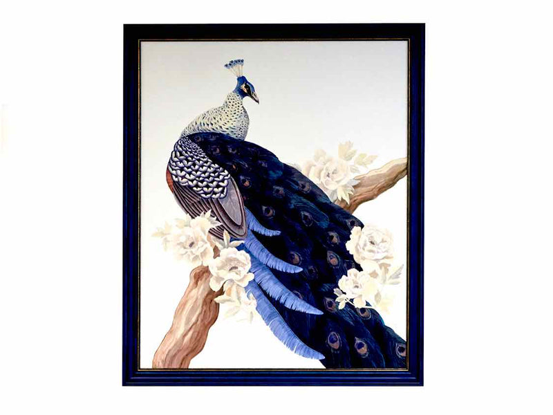 "Tale of the Peacock" Print on Linen in Vintage Blue Frame