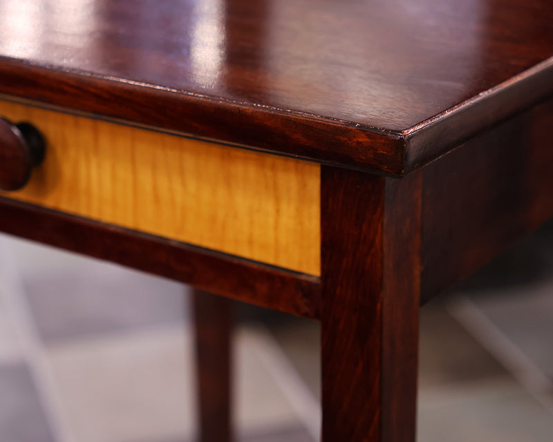 Brown Mahogany Side Table with Tiger Maple Inlay on Drawer Front