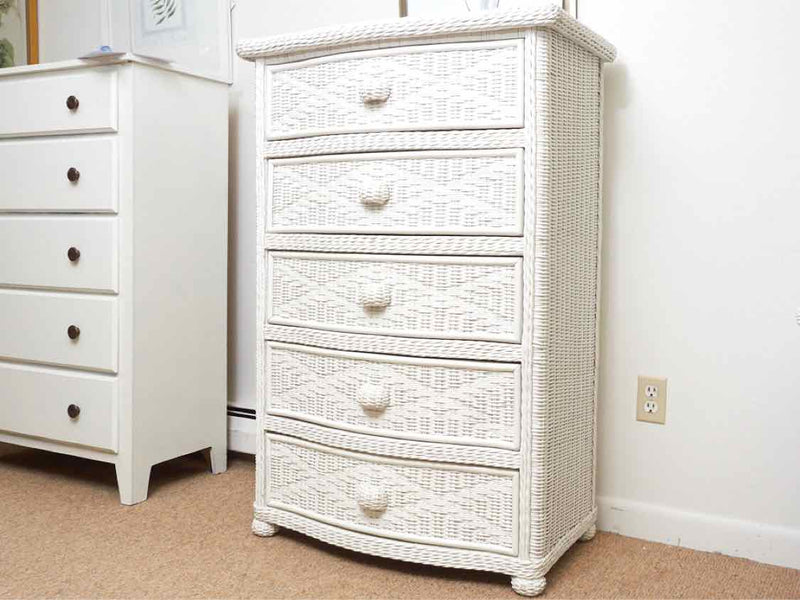 White Wicker (5) Drawer Chest