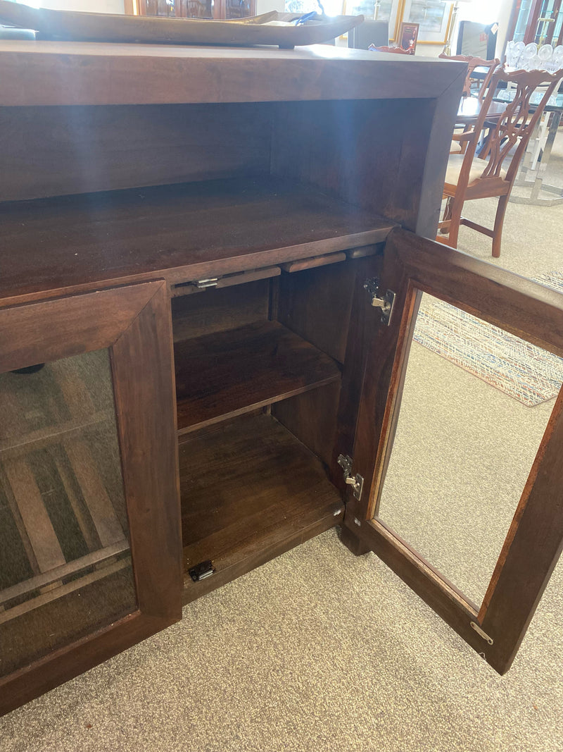 Teak Dark Stain Live Edge Bar with 3 Glass Doors & Open Storage Space