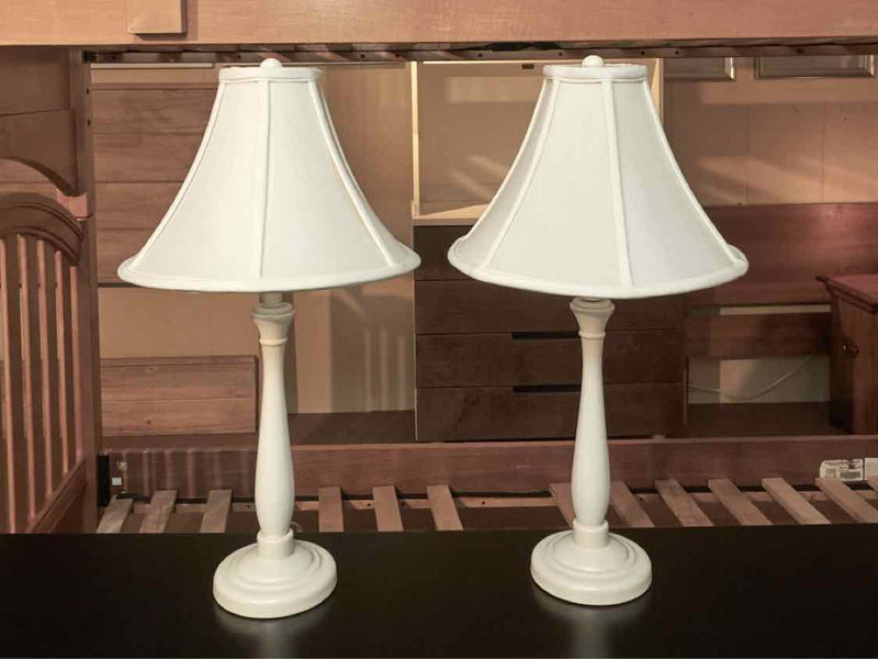 Pair Of White Finish Metal White Silk Shades Table Lamps