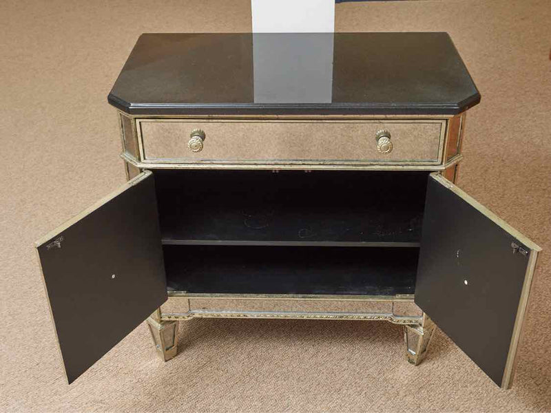 Mirrored Nightstand with Black Stone Top & 1 Drawer & 2 Doors