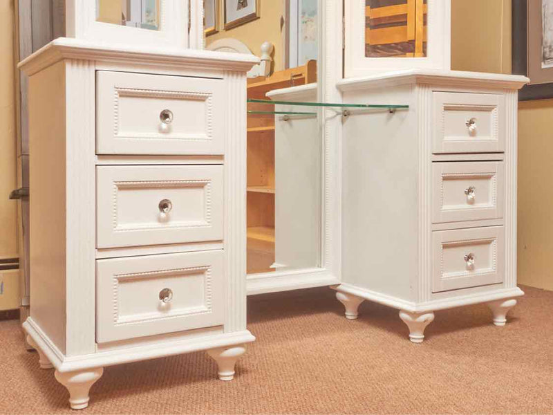 White Finish Trifold Mirror 6 Drawers Vanity