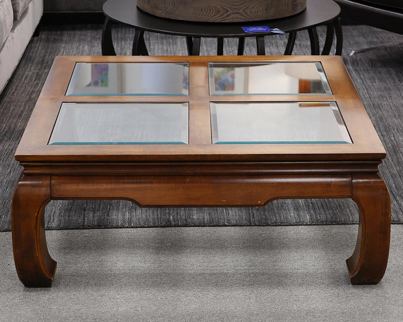 Asian Cocktail Table in Wood with Beveled Glass Paneled Top