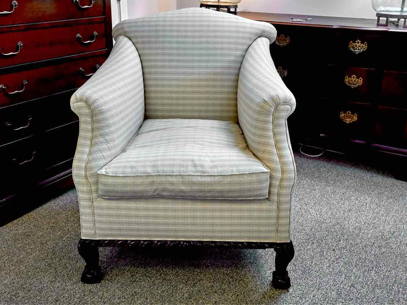 Pair of Beige Check Upholstered Chairs with Feather & Down Seat Cushions