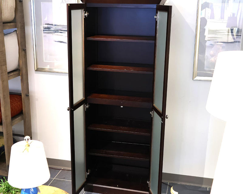 Tall Espresso Finish Storage Cabinet with Frosted Glass Doors and Nickel Pulls