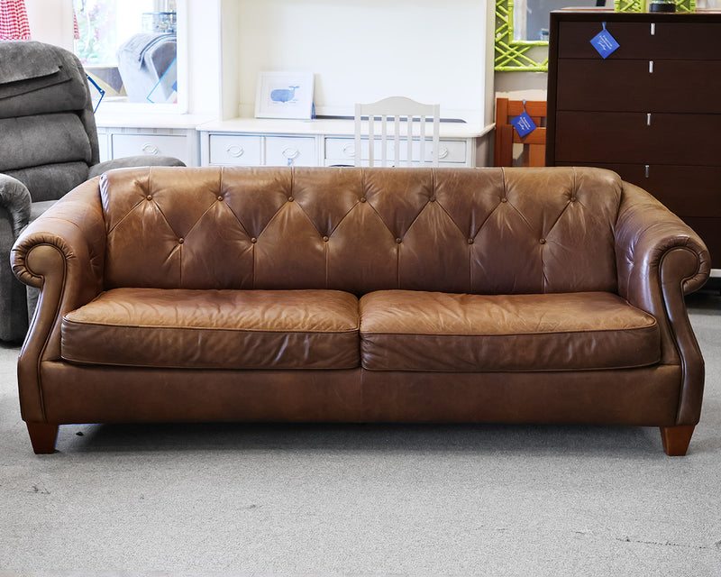 Natuzzi 88" Distressed Brown Leather Tufted Back Roll Arm Sofa