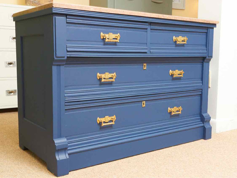 Pink Granite Top 'Delphinium Blue' 4 Drawer Solid Brass Handles Chest