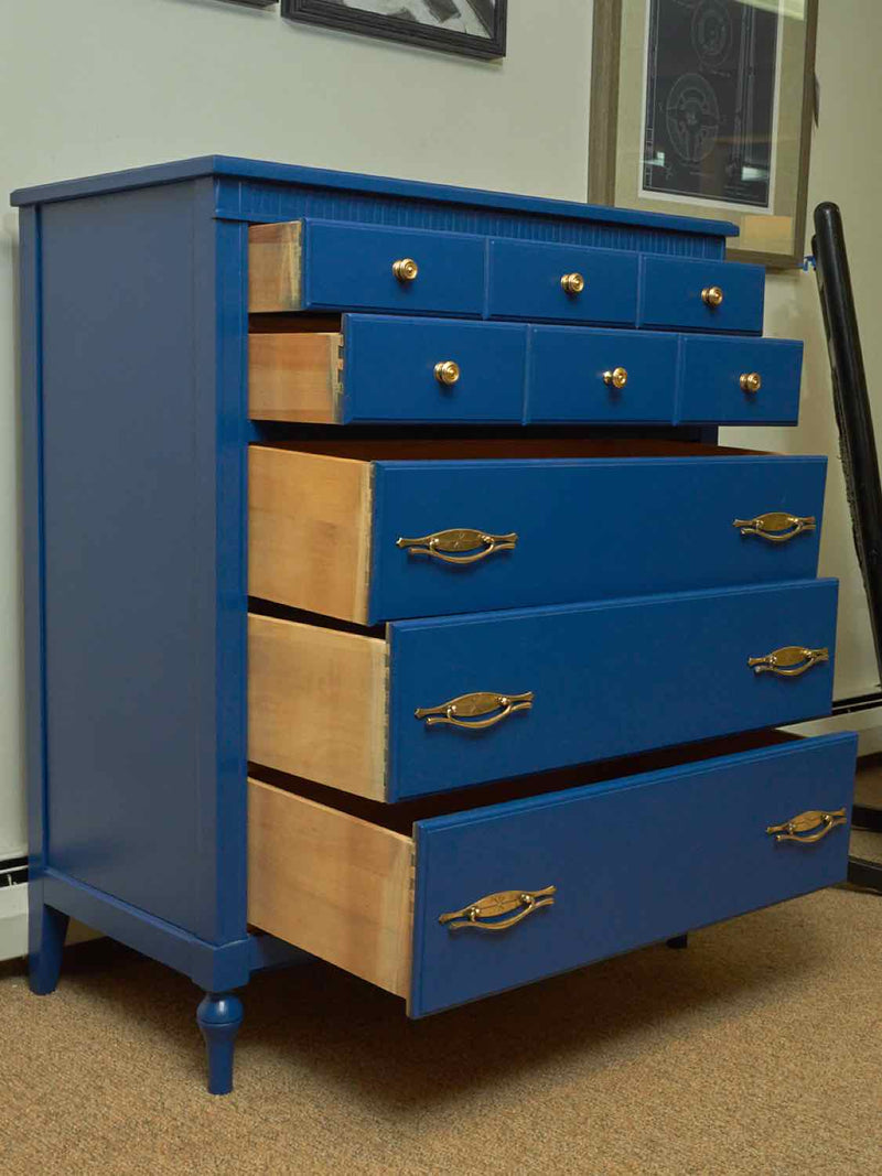 ''Royal  Blue' Finish 5 Drawer Brass Handles Chest