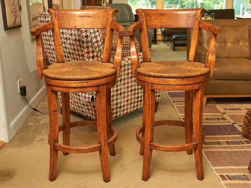 Pair Of Frontgate Swivel  Alderwood Rush Seat  Bar Stools