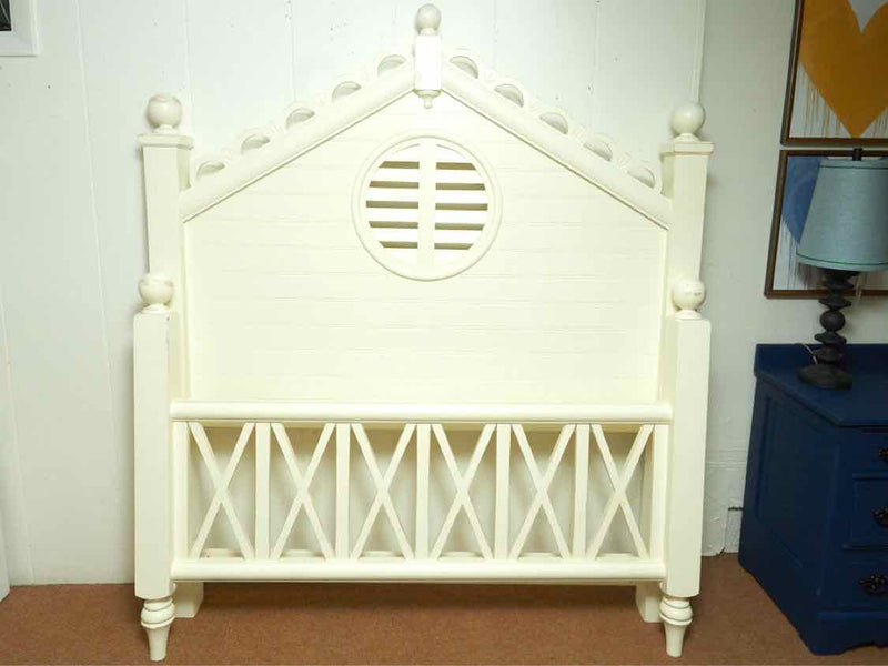 Ivory Distressed Finish Cannon Ball 4 Post Beadboard Accent Arched Queen Bed