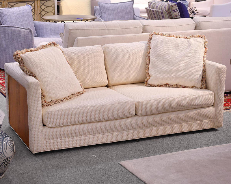 Cream Mid-Century Style 2-Cushion Loveseat with Walnut End & Back Panels