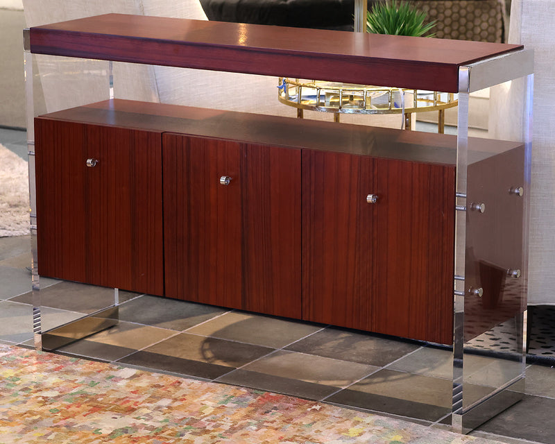 Mitchell Gold + Bob Williams Mahogany Storage Console.  Glass and Chrome Accents