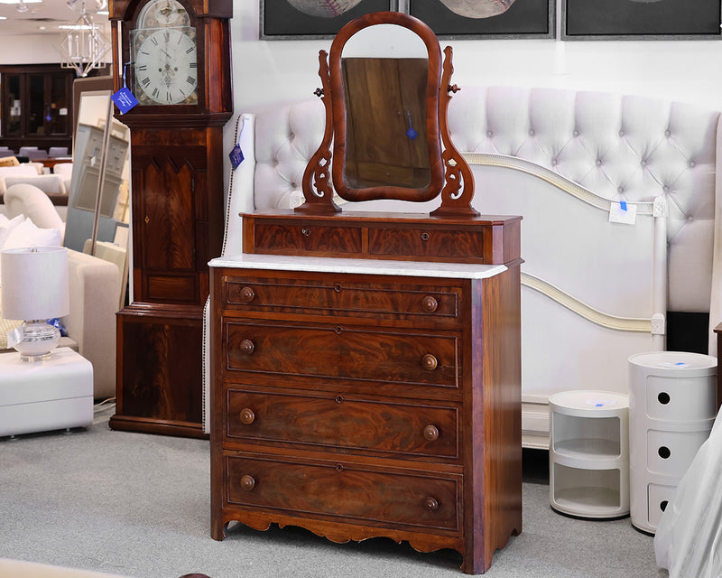 Antique Walnut Dresser with Glove Box, Mirror and White Marble Top