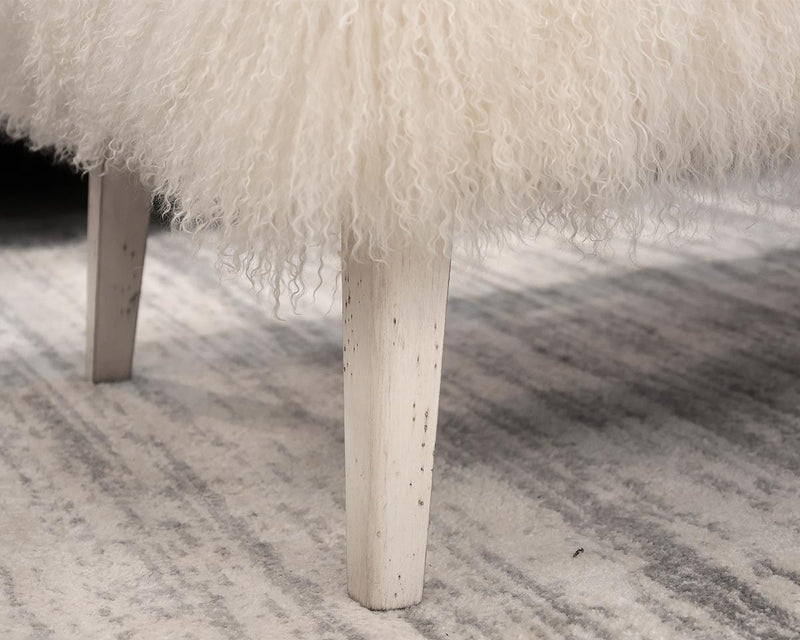 Mongolian Lamb Shag Bench on Off-White Distressed Legs