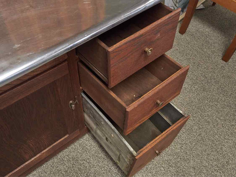 Antique Solid Oak Hoosier Baker Cabinet with Stainless Prep Surface