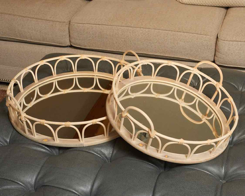 Pair Of Natural Rattan Handle Mirrored Trays