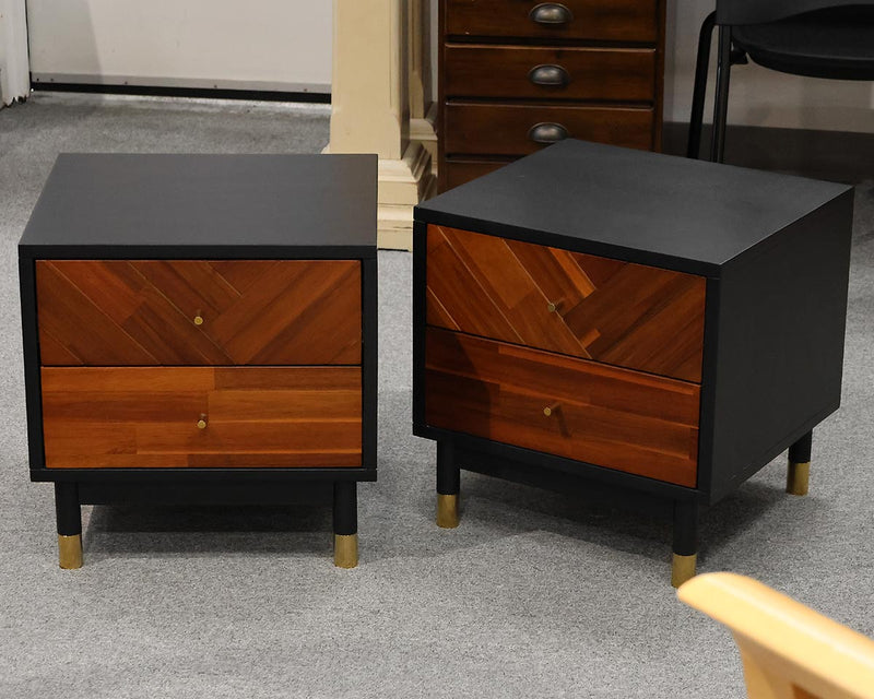 Pair of Black Nightstands with 2 Chervon Design  Wood Drawers