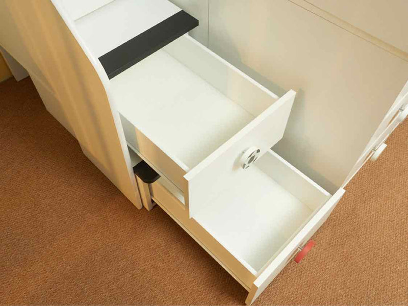 White Finish 9 Drawer 2 Door Sport Motif  Knobs Full  Storage Bed with Stairs