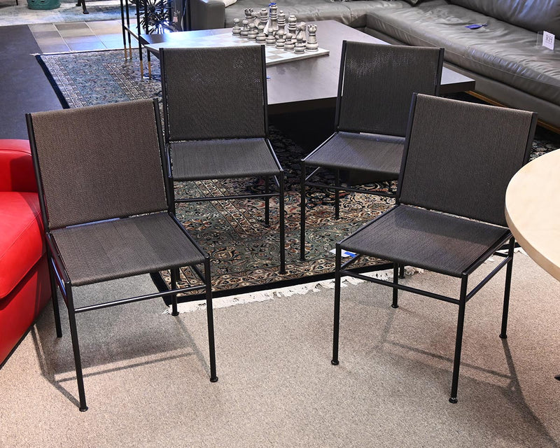 Set of 4 Black Metal Dining Chairs with Brown Jute Seat & Back