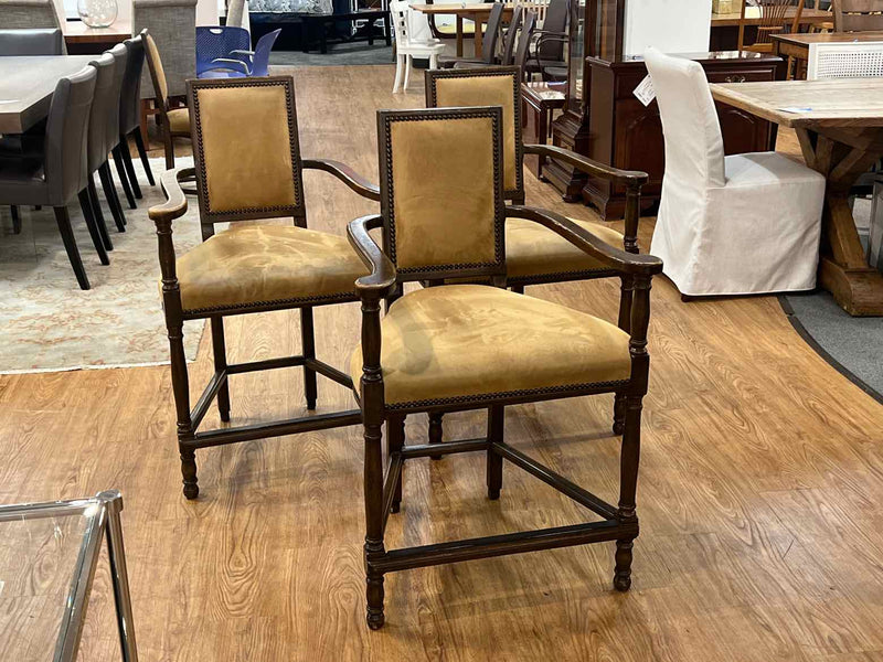 Set of 3 Woodframe Counter Stools in Tan Microsuede with Brass Nailhead Trim