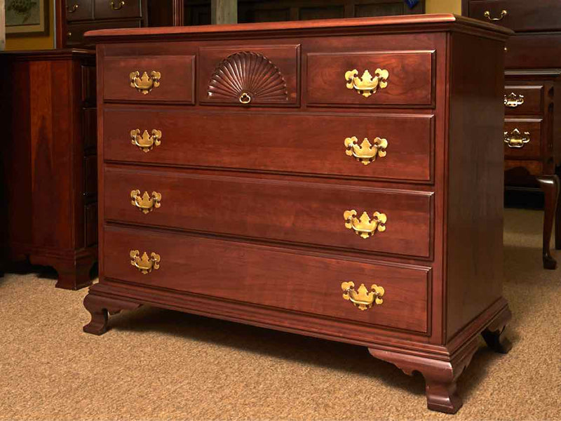 Solid Cherry 3 Over 3 Drawer Chest with Carved Fan Accent