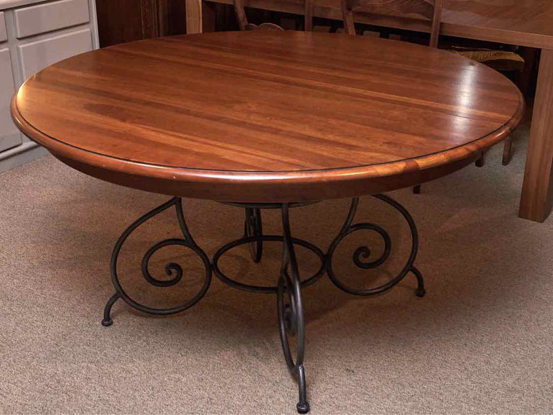 Ethan Allen Round Cherry Top Dining Table with Gun Metal Scrolled Base